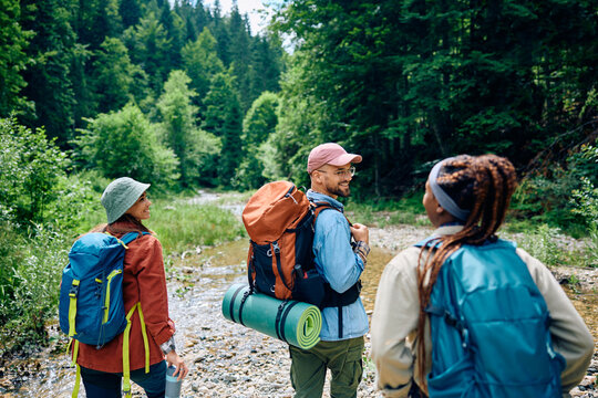 Group of happy backpackers taking walk through mountain.