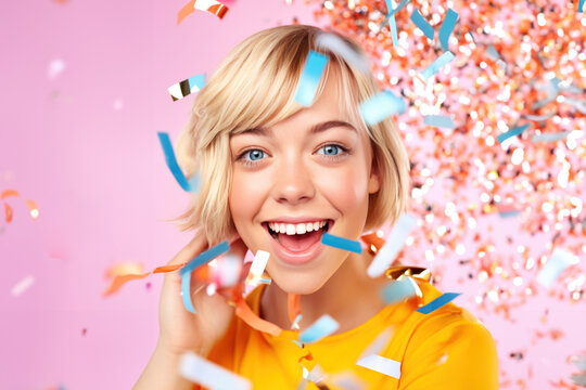 jeune femme criant de joie sous une pluie de confettis sur fond uni
