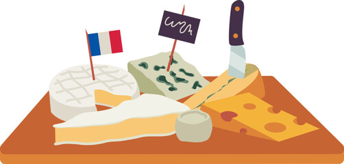 Cheese board. Assortment of french cheeses. Set of vector illustrations. Separated items on a white background. Camembert, brie, gruyère, chèvre, roquefort, morbier - obrazy, fototapety, plakaty