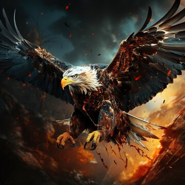 A image of Beautiful image of a bald eagle animal with fire flame ready for hunting Generative AI