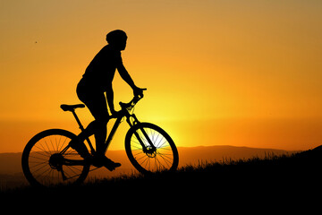 Silhouette of mountain bikers with beautiful views. bike exercise concept