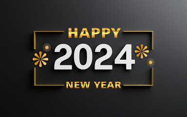 Happy new year 2024 white numbers with frame on black background