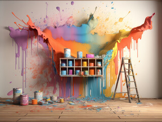 Vibrant paint splatters over a wall with cans and a brushes, suggesting a creative mess.