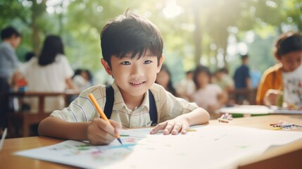 Studying, Education, Learning: Male and Female Students in Classroom, Asian School Children Sitting at Desk, Writing in Notebooks with Pencils.