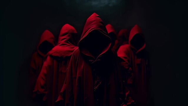 hooded red figures gathering in a dark room. Generative Ai