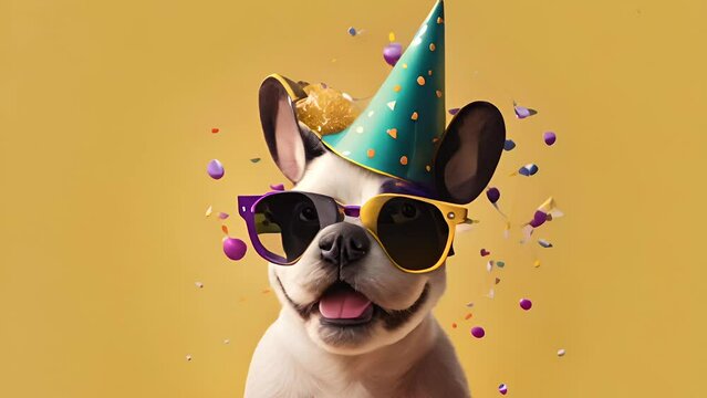 cute dog in party hat and sunglasses over yellow background. Generative Ai