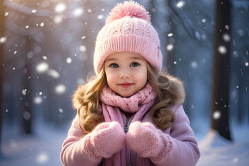 Cute baby girl in pink knitted hat and mittens in winter outdoor with flying snowflakes around her. Winter joy, waiting for a miracle. 