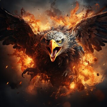 A photo of Beautiful image of a bald eagle animal with fire flame ready for hunting. Generative AI