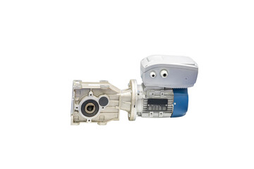 reducer worm gearbox assembly with electric motor and switch control box for manufacturing machine in industrial isolated on white with clipping path