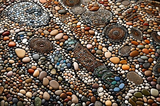 Design an image showcasing the intricate patterns and vibrant colors of a pebble mosaic. 