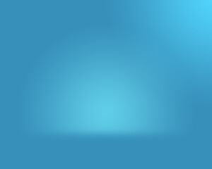 Realistic cove curve wall floor studio background in blue color in landscape format. Realistic blue background with soft lighting