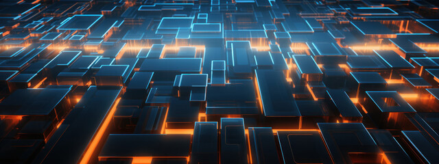 Obraz premium Futuristic abstract background with blue and orange squares.