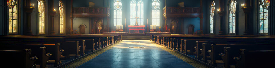 Interior of a Christian church with sunlight in the rays of the sun. No people. Religion concept. - obrazy, fototapety, plakaty