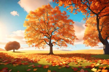A whimsical autumn landscape with a tree adorned in vibrant leaves, the meadow stretching out under a clear blue sky