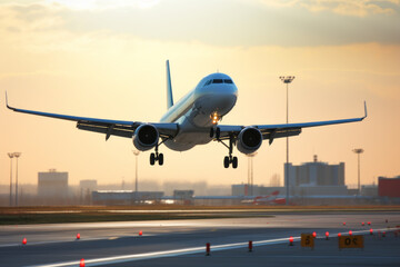 Fototapeta na wymiar A plane taking off from an airport. Generative Ai