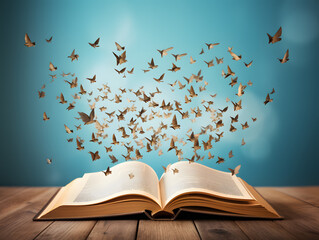 An open book with pages transforming into birds symbolizing the freedom of knowledge in business success. - obrazy, fototapety, plakaty