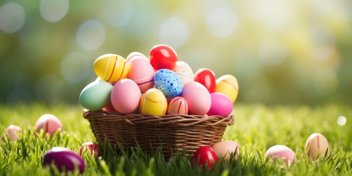 Easter wicker basket, colorful painted eggs in green grass, sunny day, egg hunt, banner background