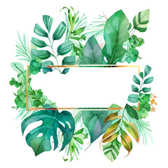 Watercolor jungle horizontal frame, vibrant colors and intricate details create a lush and inviting atmosphere. Watercolor art is perfect for invitations, greeting cards, website design, social media