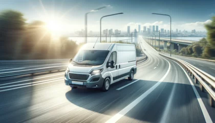 Foto op Canvas a white modern delivery small shipment cargo courier van moving fast on a motorway road towards a city or urban suburb. © EA Studio