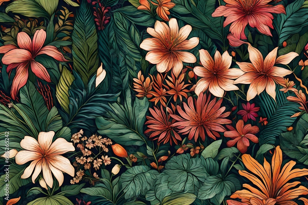 Poster create an appealing image of a lush botanical pattern, highlighting the vivid and diverse colors of 