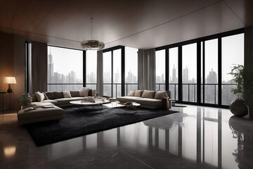 Fototapeta na wymiar Spacious room in minimalist style, with a long sofa and table. Generative ai.