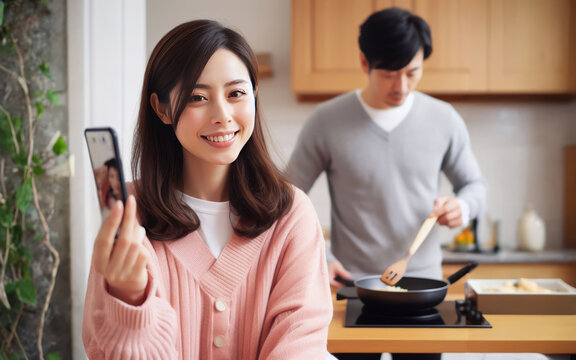 A young asian married couple in a kitchen, the man cooking while the woman takes a photo with her phone.