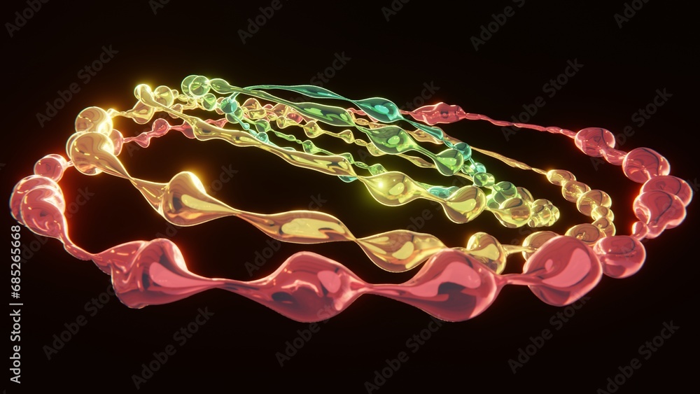 Fototapete abstract 3d illustration of 5 rainbow colourful liquid fluid rings rotating around and morphing, cir
