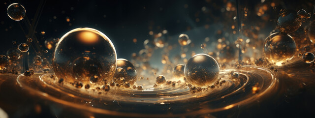 Captivating abstract with gold spheres and water bubbles. - obrazy, fototapety, plakaty