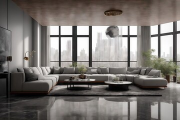 Spacious room in minimalist style, with a long sofa and table. Generative ai.