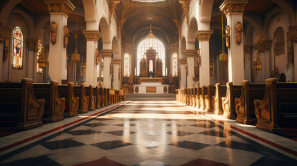 Fototapeta na wymiar Interior of a Christian church with sunlight in the rays of the sun. No people. Religion concept.