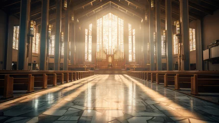 Deurstickers Interior of a Christian church with sunlight in the rays of the sun. No people. Religion concept. © Anastasia Boiko