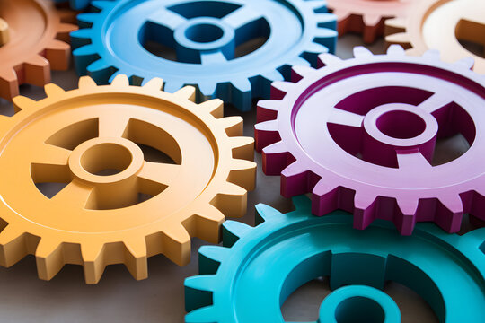 A set of colorful gears each labeled with a different business function working in harmony.