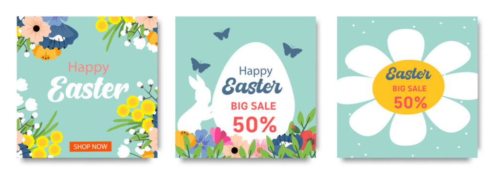 Set of trendy  Easter Sale posters with Color Painted Egg, Spring Flower and Rabbit. Spring background, cover, sale banner, flyer design. Template for advertising, web, social media