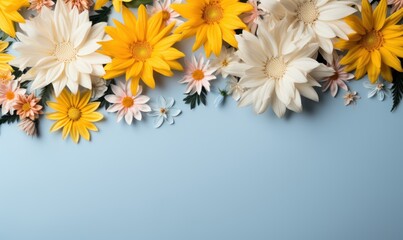 Floral border frame, assorted garden flowers empty space background. Backdrop with copy space