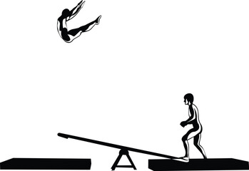 Cartoon Black and White Isolated Illustration Vector Of Circus Springboard Acrobats Jumping
