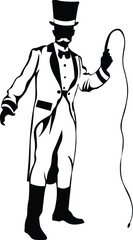 Cartoon Black and White Isolated Illustration Vector Of A Circus Host in Hat And Jacket Holding a Whip