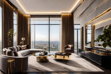 A luxurious modern home interior characterized by refined furniture, marble accents, and subtle gold details, ambient lighting creating an elegant ambiance