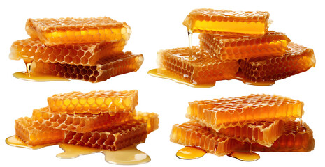 Set of stacks of sweet dripping honeycombs, cut out - obrazy, fototapety, plakaty