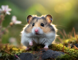 Cute hamster in the midst of green grass