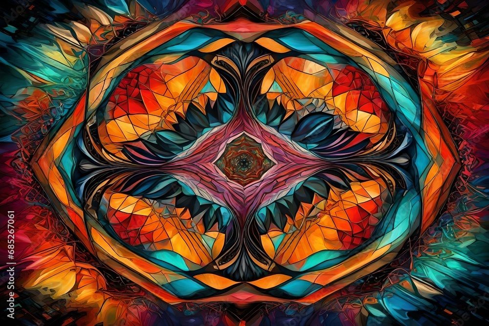 Poster generate an image of a kaleidoscopic abstract painting, highlighting the vibrant and dynamic texture