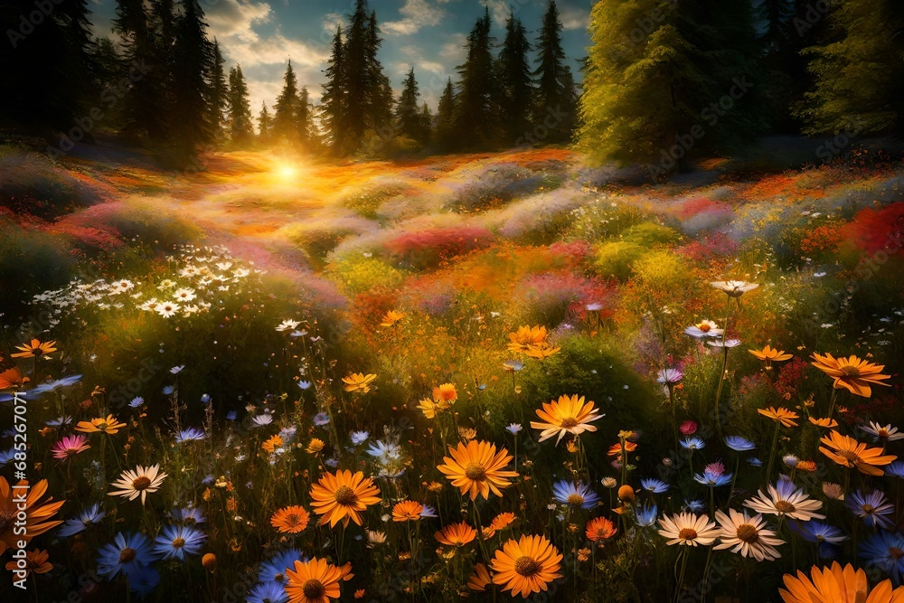 Poster generate a visually appealing image of a sun-drenched field of wildflowers. capture the diverse arra