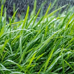 Fototapeta na wymiar Grass Jewels: Gentle Rain Caresses Young Green Blades