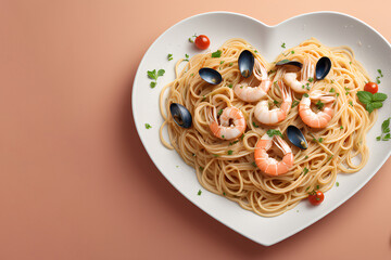 Spaghetti with seafood in a heart-shaped plate.