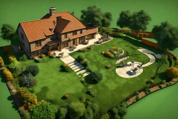 3D view, mowing lawn in the backyard of his house