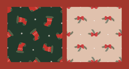 Fototapeta na wymiar Seamless pattern set with Christmas red sock and bow. Christmas and New Year concept. Hand drawn retro vintage vector texture for wallpaper, prints, wrapping, textile