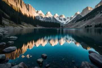 A pristine mountain lake, reflecting the sky in high definition