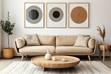 Beige sofa and wooden round coffee table against white wall with three frames. Scandinavian style home interior design of modern living room, Generative AI