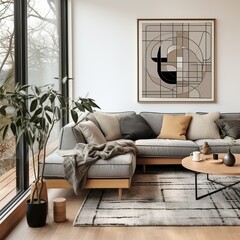 Scandinavian style home interior design of modern living room with grey sofa, Generative AI