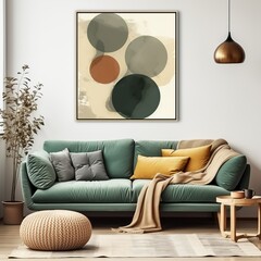 Dark green sofa and grey pouf against white wall with big art poster frame. Scandinavian home interior design of modern living room, Generative AI