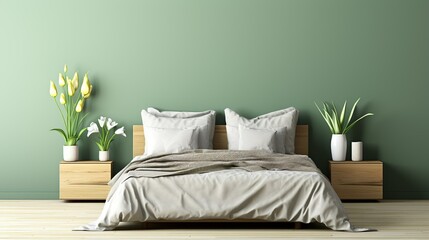 Minimalist interior design of modern bedroom with mint wall with copy space, Generative AI